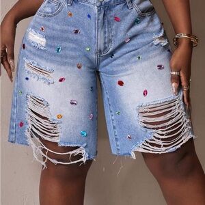 Embellished Distressed Denim Shorts